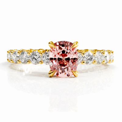 Elongated Cushion Cut Lab Grown Morganite Hidden Halo Side Stone Engagement Ring