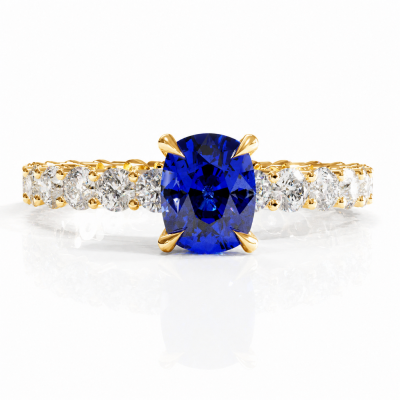 Elongated Cushion Cut Lab Grown Sapphire Hidden Halo Side Stone Engagement Ring