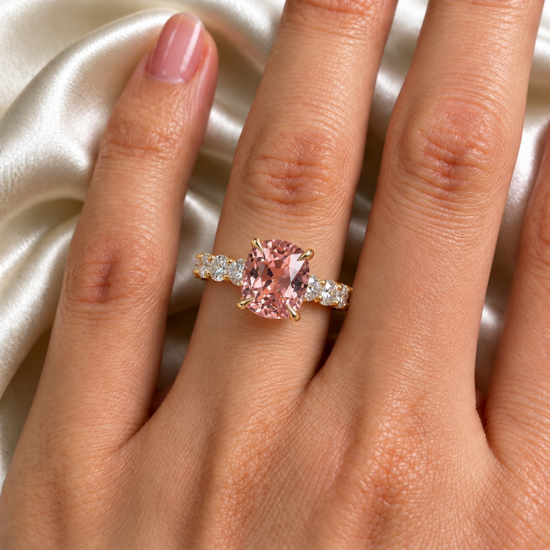 Elongated Cushion Cut Lab Grown Morganite Hidden Halo Side Stone Engagement Ring - Image 5