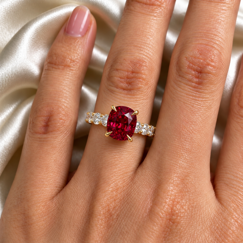 Elongated Cushion Cut Lab Grown Ruby Hidden Halo Side Stone Engagement Ring - Image 5