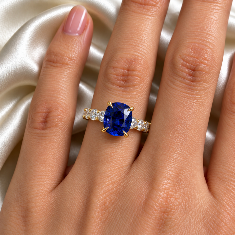 Elongated Cushion Cut Lab Grown Sapphire Hidden Halo Side Stone Engagement Ring - Image 5