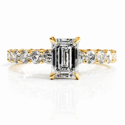 Emerald Cut Moissanite Hidden Halo Side Stone Engagement Ring