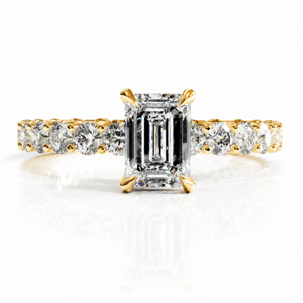 Emerald Cut Moissanite Hidden Halo Side Stone Engagement Ring