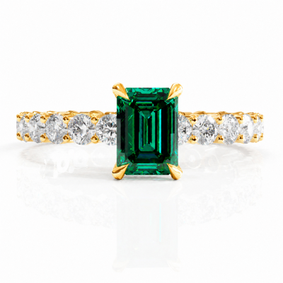 Emerald Cut Lab Grown Emerald Hidden Halo Side Stone Engagement Ring