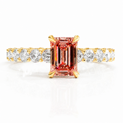 Emerald Cut Lab Grown Morganite Hidden Halo Side Stone Engagement Ring