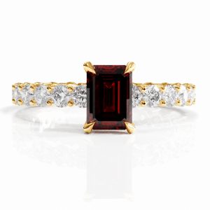 Emerald Cut Lab Grown Ruby Hidden Halo Side Stone Engagement Ring