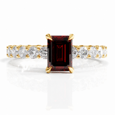 Emerald Cut Lab Grown Ruby Hidden Halo Side Stone Engagement Ring