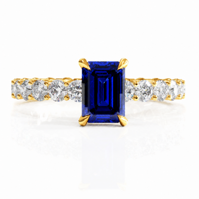 Emerald Cut Lab Grown Sapphire Hidden Halo Side Stone Engagement Ring