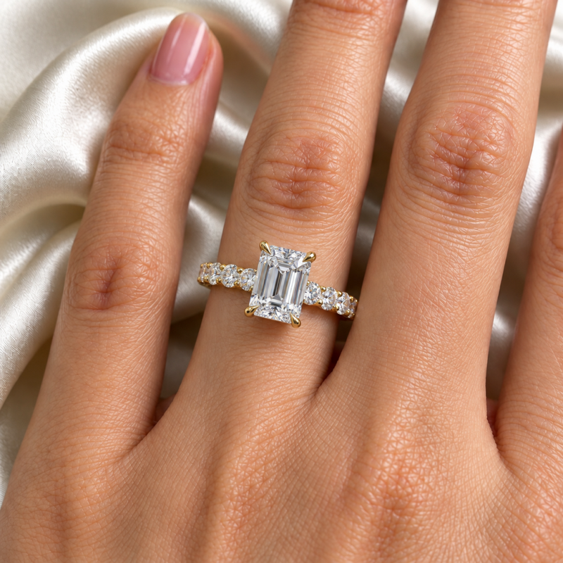 Emerald Cut Moissanite Hidden Halo Side Stone Engagement Ring - Image 5