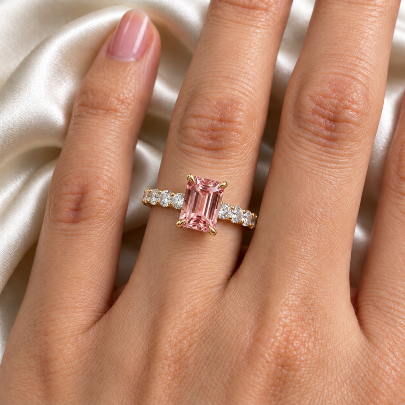 Emerald Cut Lab Grown Morganite Hidden Halo Side Stone Engagement Ring - Image 5