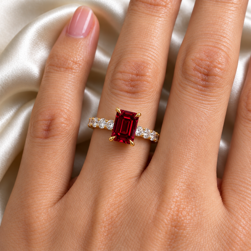 Emerald Cut Lab Grown Ruby Hidden Halo Side Stone Engagement Ring - Image 5