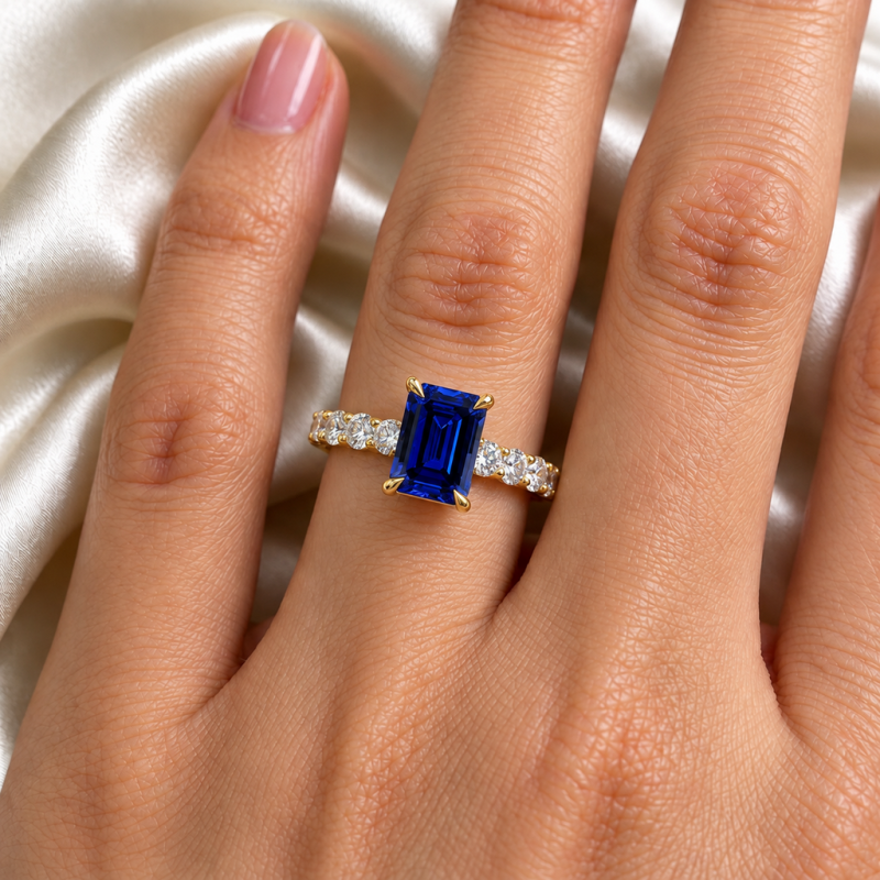 Emerald Cut Lab Grown Sapphire Hidden Halo Side Stone Engagement Ring - Image 5