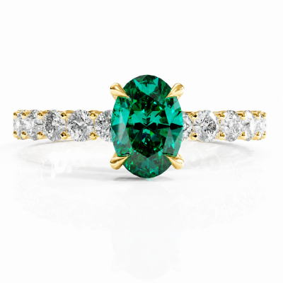Oval Cut Lab Grown Emerald Hidden Halo Side Stone Engagement Ring