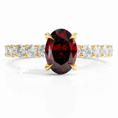 Oval Cut Lab Grown Ruby Hidden Halo Side Stone Engagement Ring