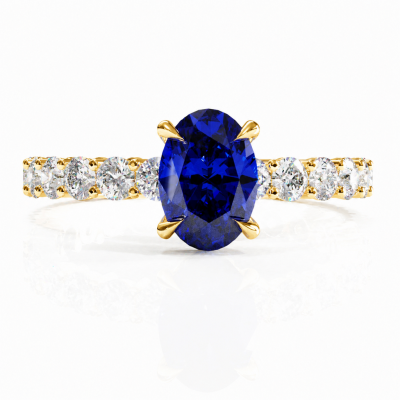 Oval Cut Lab Grown Sapphire Hidden Halo Side Stone Engagement Ring