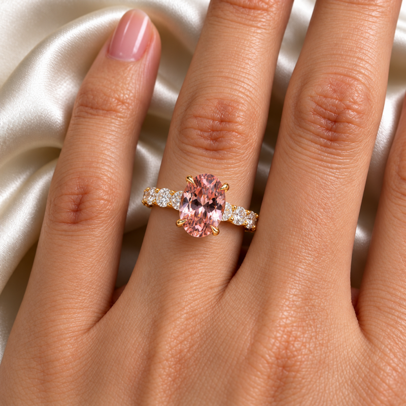 Oval Cut Lab Grown Morganite Hidden Halo Side Stone Engagement Ring - Image 5