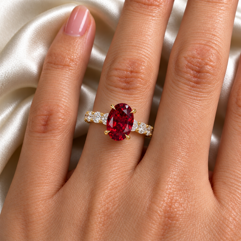 Oval Cut Lab Grown Ruby Hidden Halo Side Stone Engagement Ring - Image 5