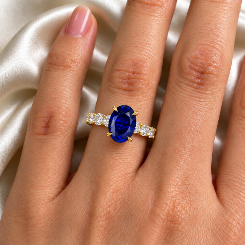 Oval Cut Lab Grown Sapphire Hidden Halo Side Stone Engagement Ring - Image 5