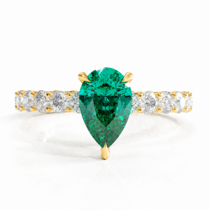 Pear Cut Lab Grown Emerald Hidden Halo Side Stone Engagement Ring