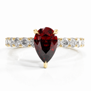 Pear Cut Lab Grown Ruby Hidden Halo Side Stone Engagement Ring