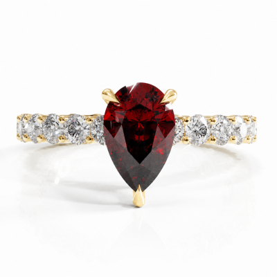 Pear Cut Lab Grown Ruby Hidden Halo Side Stone Engagement Ring