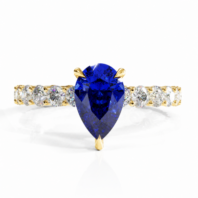 Pear Cut Lab Grown Sapphire Hidden Halo Side Stone Engagement Ring