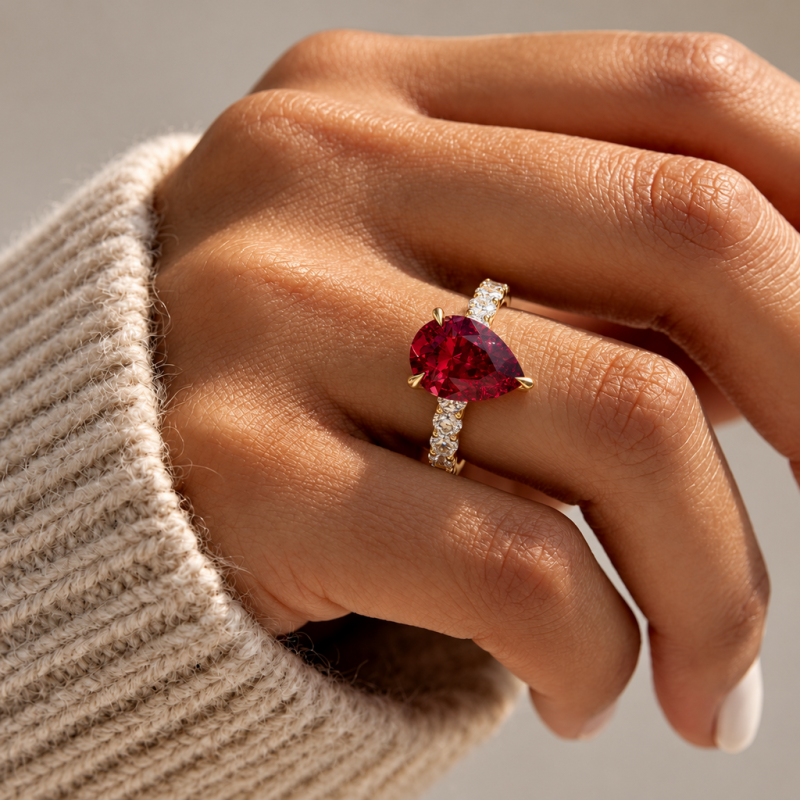 Pear Cut Lab Grown Ruby Hidden Halo Side Stone Engagement Ring - Image 5