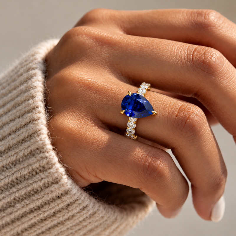 Pear Cut Lab Grown Sapphire Hidden Halo Side Stone Engagement Ring - Image 5