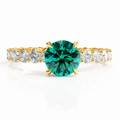 Round Cut Lab Grown Emerald Hidden Halo Side Stone Engagement Ring