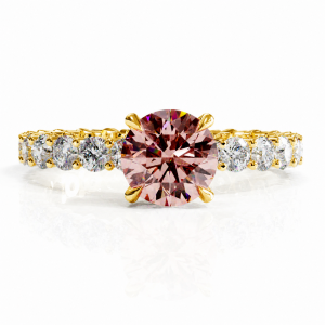 Round Cut Lab Grown Morganite Hidden Halo Side Stone Engagement Ring