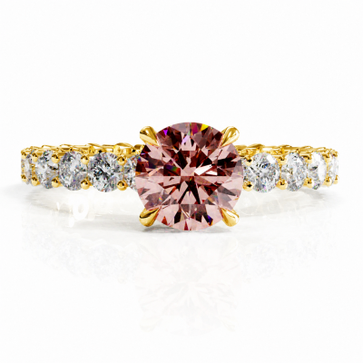 Round Cut Lab Grown Morganite Hidden Halo Side Stone Engagement Ring