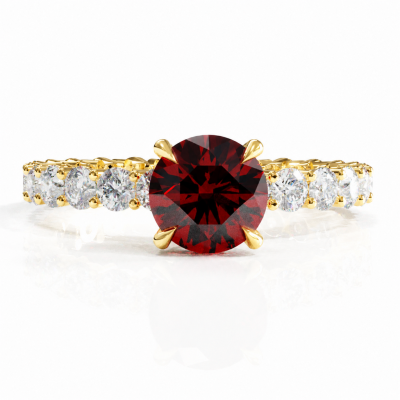 Round Cut Lab Grown Ruby Hidden Halo Side Stone Engagement Ring