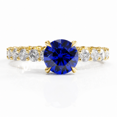 Round Cut Lab Grown Sapphire Hidden Halo Side Stone Engagement Ring