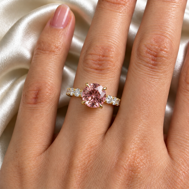Round Cut Lab Grown Morganite Hidden Halo Side Stone Engagement Ring - Image 5