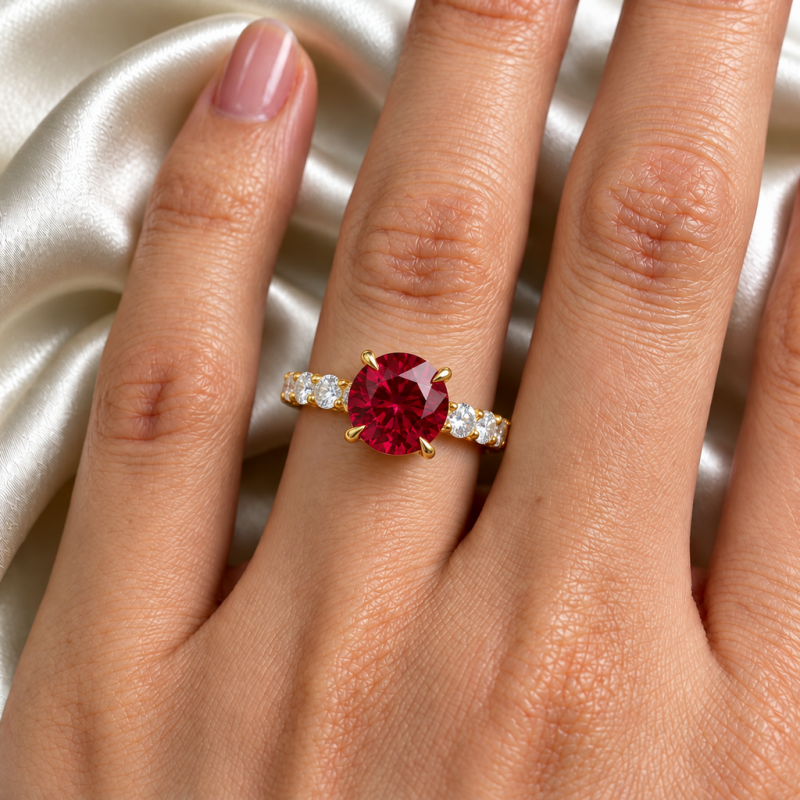 Round Cut Lab Grown Ruby Hidden Halo Side Stone Engagement Ring - Image 5