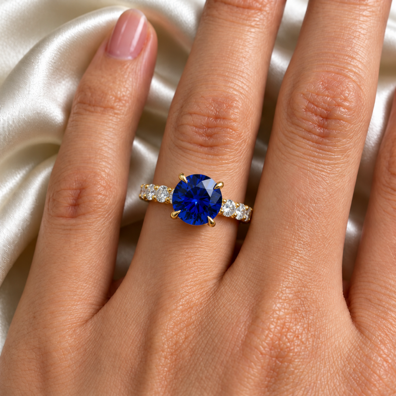 Round Cut Lab Grown Sapphire Hidden Halo Side Stone Engagement Ring - Image 5