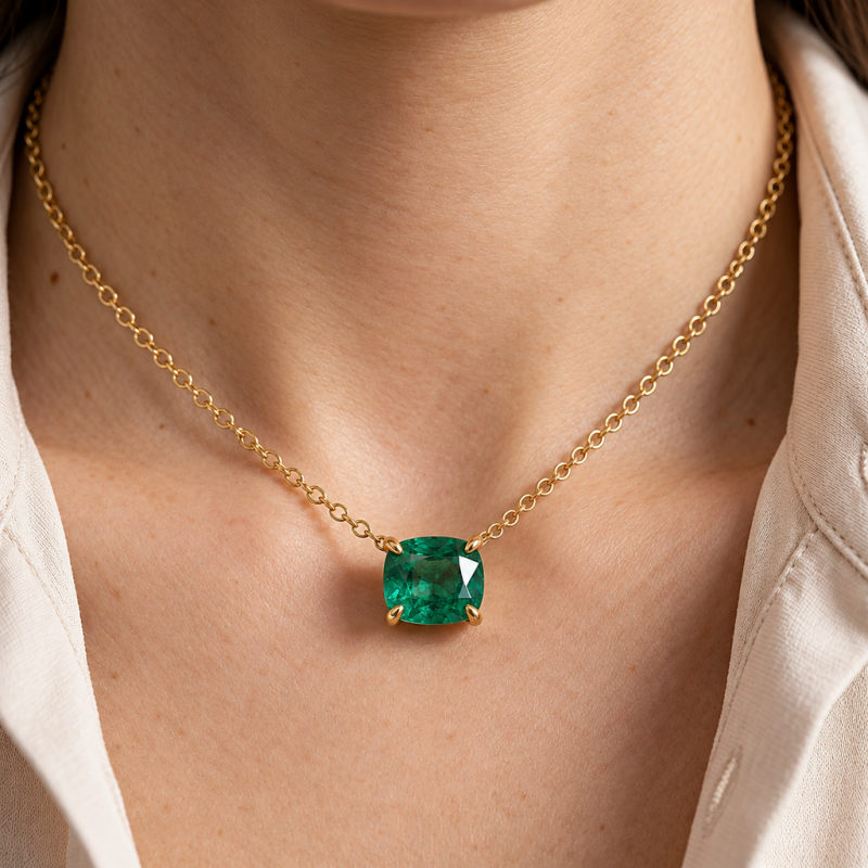 Elongated Cushion Cut Lab Grown Emerald Solitaire Pendant - Image 5