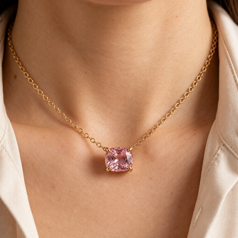 Elongated Cushion Cut Lab Grown Morganite Solitaire Pendant - Image 5