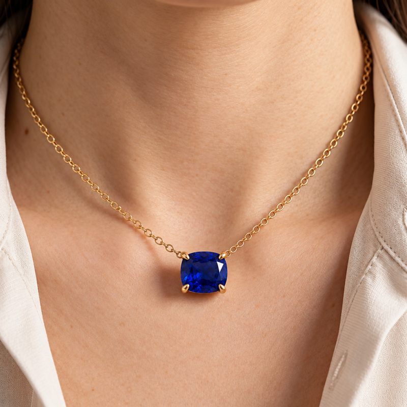 Elongated Cushion Cut Lab Grown Sapphire Solitaire Pendant - Image 5