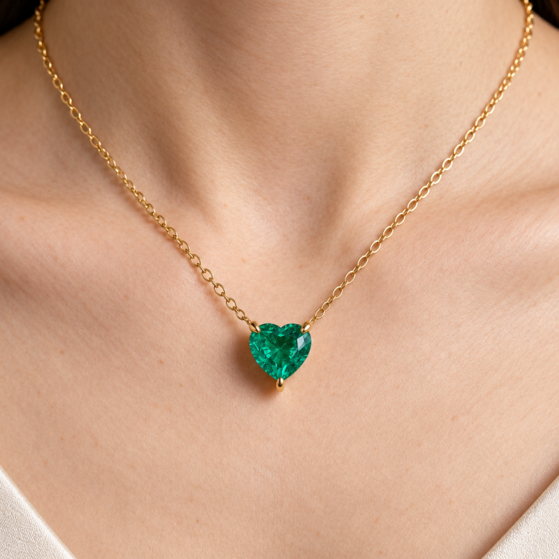 Heart Cut Lab Grown Emerald Solitaire Pendant - Image 5