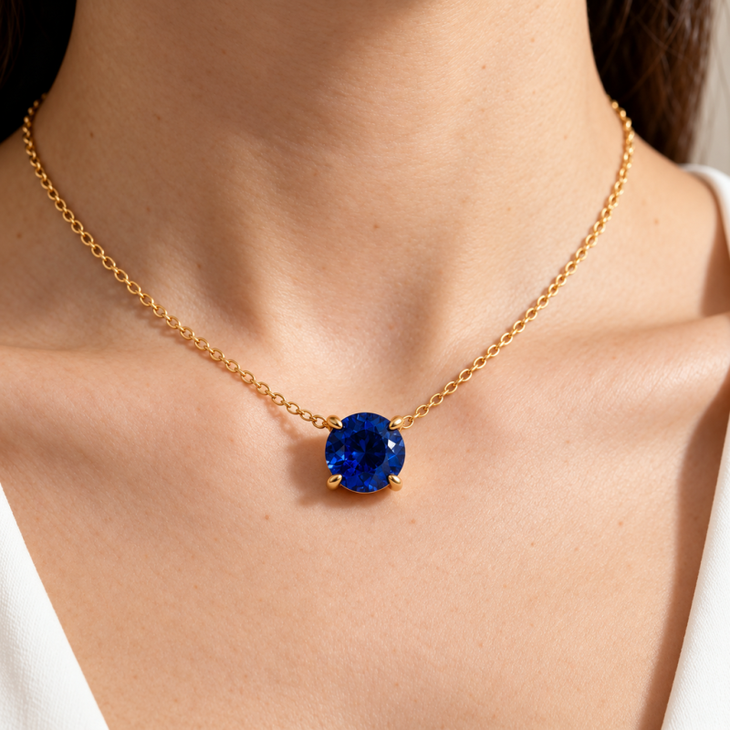 Round Cut Lab Grown Sapphire Solitaire Pendant - Image 5
