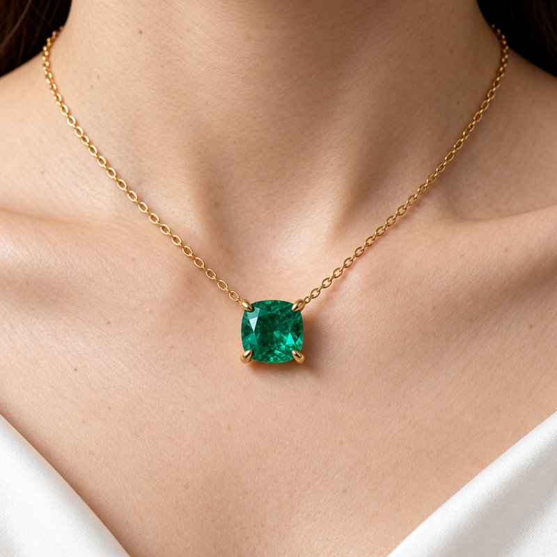 Cushion Cut Lab Grown Emerald Solitaire Pendant - Image 5