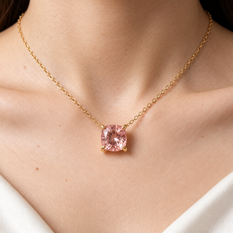 Cushion Cut Lab Grown Morganite Solitaire Pendant - Image 5