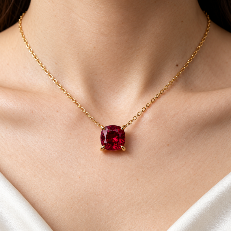 Cushion Cut Lab Grown Ruby Solitaire Pendant - Image 5