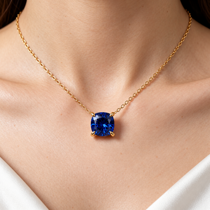 Cushion Cut Lab Grown Sapphire Solitaire Pendant - Image 5