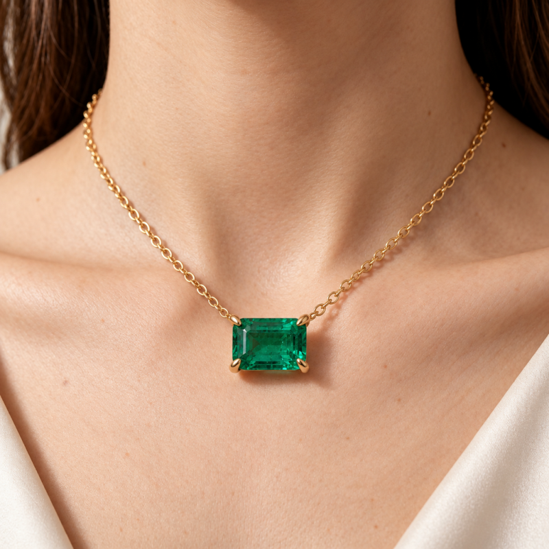 Emerald Cut Lab Grown Emerald Solitaire Pendant - Image 5