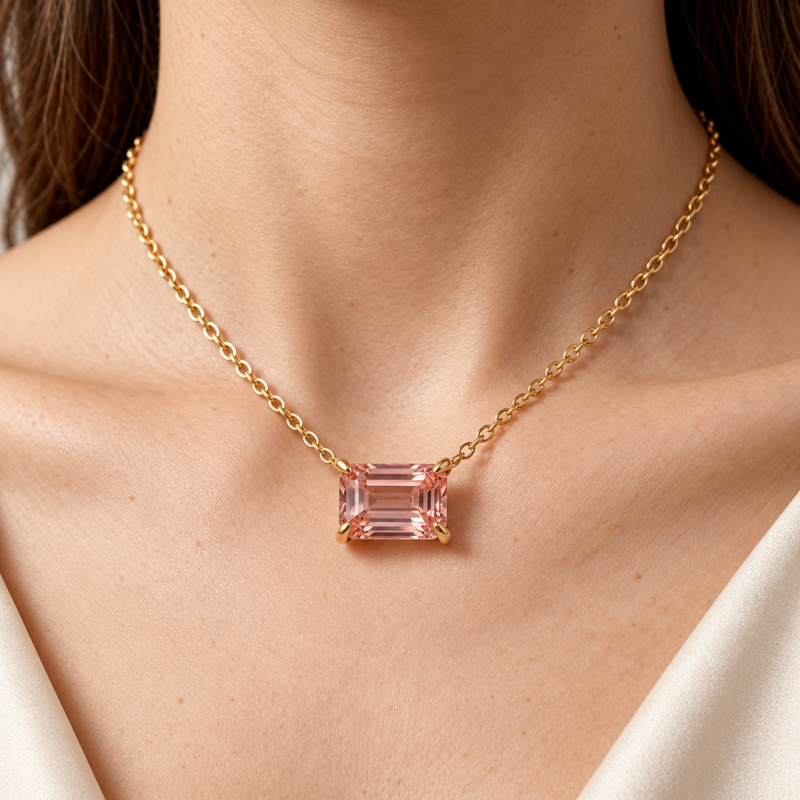Emerald Cut Lab Grown Morganite Solitaire Pendant - Image 5