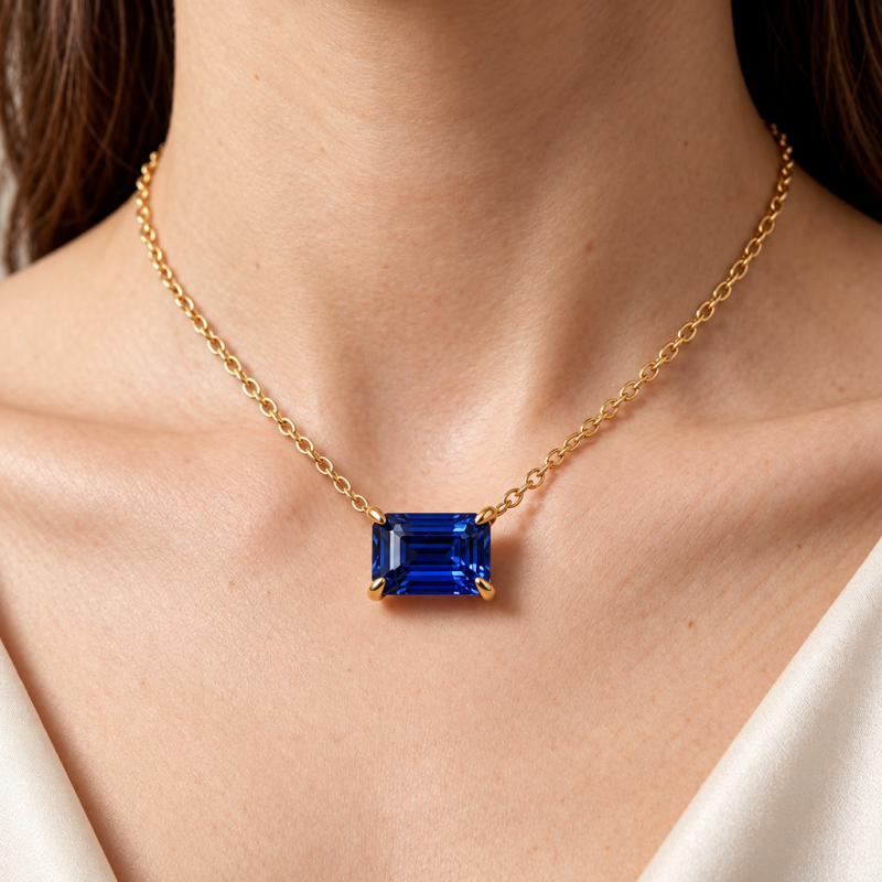Emerald Cut Lab Grown Sapphire Solitaire Pendant - Image 5