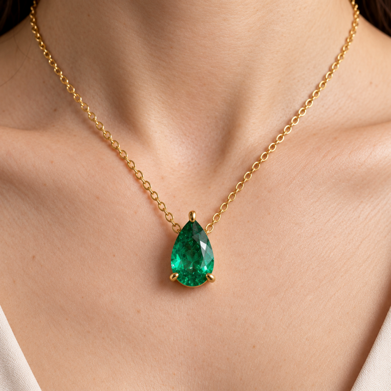 Pear Cut Lab Grown Emerald Solitaire Pendant - Image 5