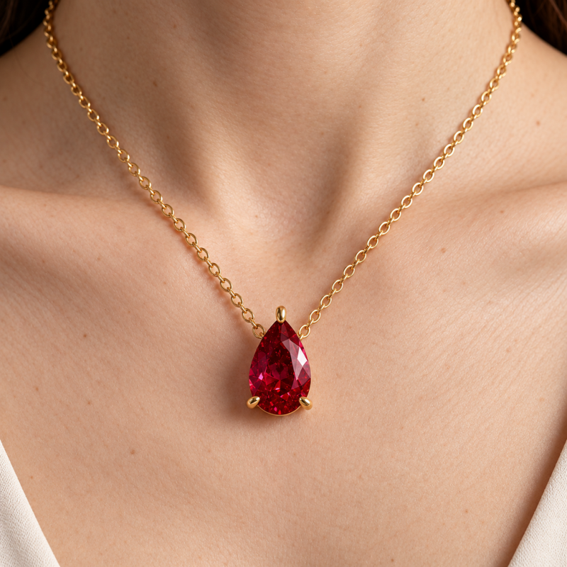 Pear Cut Lab Grown Ruby Solitaire Pendant - Image 5